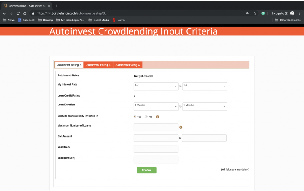 A view of the autoinvest screen. This is where you can set your investment parameters.